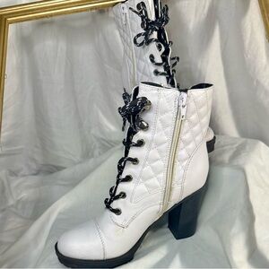 White Quilted Lace-Up Ankle Boots
